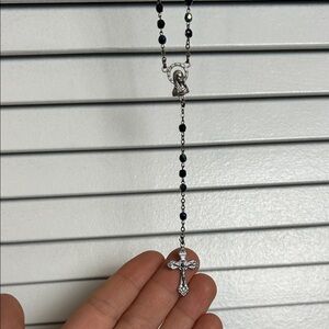 Rosary Necklace with Silver Cross and Blue gold Beads catholic Italy